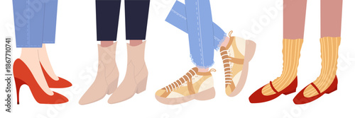 Legs in different kinds of shoes set. Pumps, cowboy boots, sneakers, ballet flats