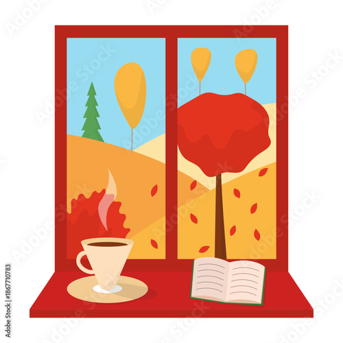 Window with autumn landscape flat vector illustration. Falling leaves and autumn fields view