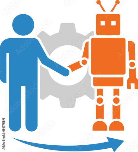 Human and Robot Collaboration Shaking Hands with Gear Background Technology Industry Graphic Concept from Side View