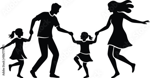 Family Playing Together Holding Hands Silhouetted Against White Background Lifestyle Illustration View of Parents and Children Joyful Connection