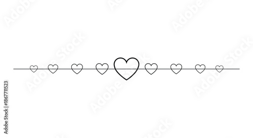 Elegant horizontal row of black heart silhouettes on a thin line. Minimalist vector divider or border design for Valentine's Day, wedding invitations, romantic greeting cards, and love concepts.