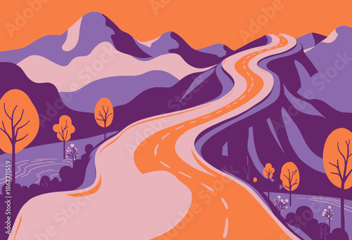 Vividly Colored Winding Road Through Surreal Mountainous Landscape with Autumn Trees and Sunset Sky