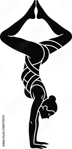 Yoga handstand pose, female silhouette, balancing in studio, vector illustration, minimalistic graphic, fitness concept, side view, black and white design
