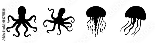 Silhouette of octopus and jellyfish sea creatures vector illustration marine life aquatic animals ocean