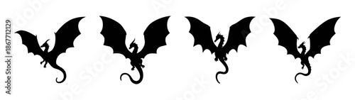 Flying dragon silhouette vector illustration fantasy mythical creatures design element art print poster 90