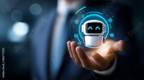 AI agent holographic robot assistant concept, digital interface showing generative AI, functions digital business productivity, agent work holographic robot interface, assistant tools © Nataliya