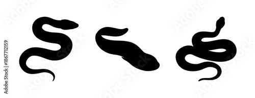 Black snake silhouette vector illustration set, reptile serpent drawing, snake tattoo design art
