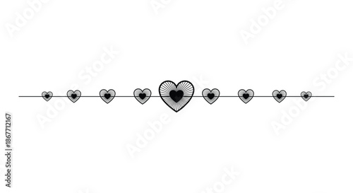 Elegant horizontal row of black heart silhouettes on a thin line. Minimalist vector divider or border design for Valentine's Day, wedding invitations, romantic greeting cards, and love concepts.