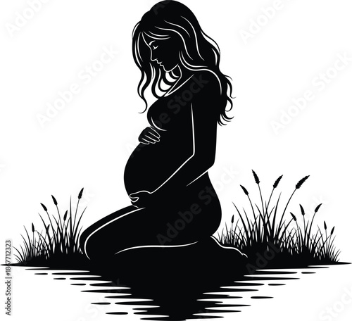 Silhouette of Pregnant Woman Kneeling in Nature with Grass and Water Reflection, Artistic Illustration, Calm and Reflective Mood, Side View