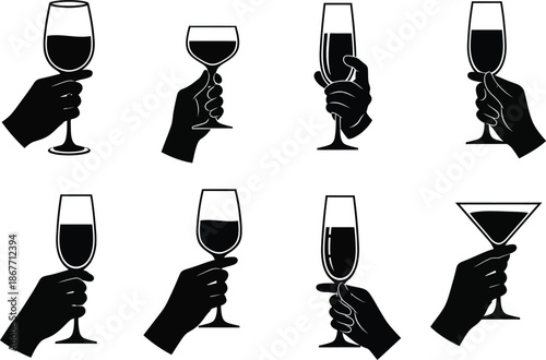 Hands Holding Various Wine and Cocktail Glasses Toasting Celebration Graphic Illustration on White Background Minimalist Design