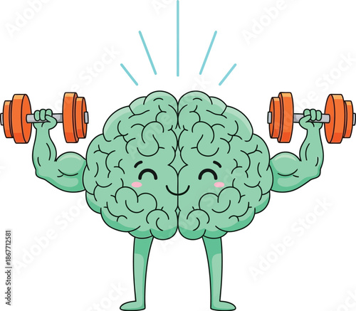 Brain Exercising with Dumbbells Illustration, Cartoon Character, Fitness Concept, Mental Strength, Graphic Art, Front View, Healthy Lifestyle