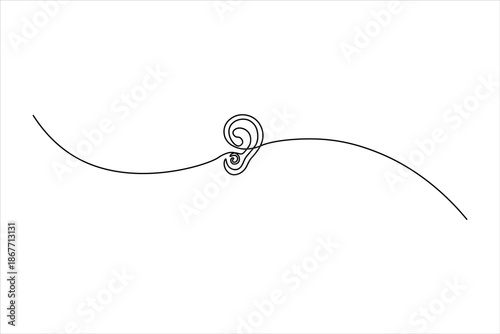 Continuous one-line drawing of a whisper ear icon. Minimalist medical symbol for hearing and audiology. Simple black line art on a white background.