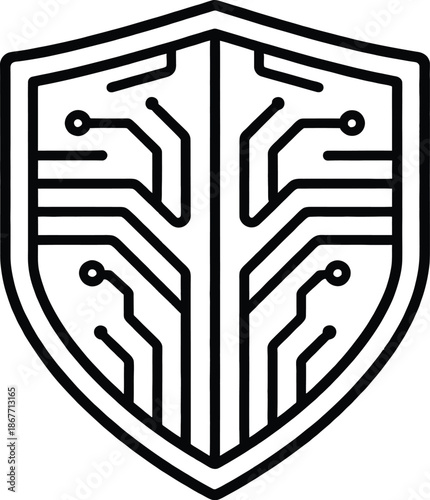 Digital cybersecurity shield protecting data in virtual environment, technology concept illustration, graphic design, front view, secure network defense