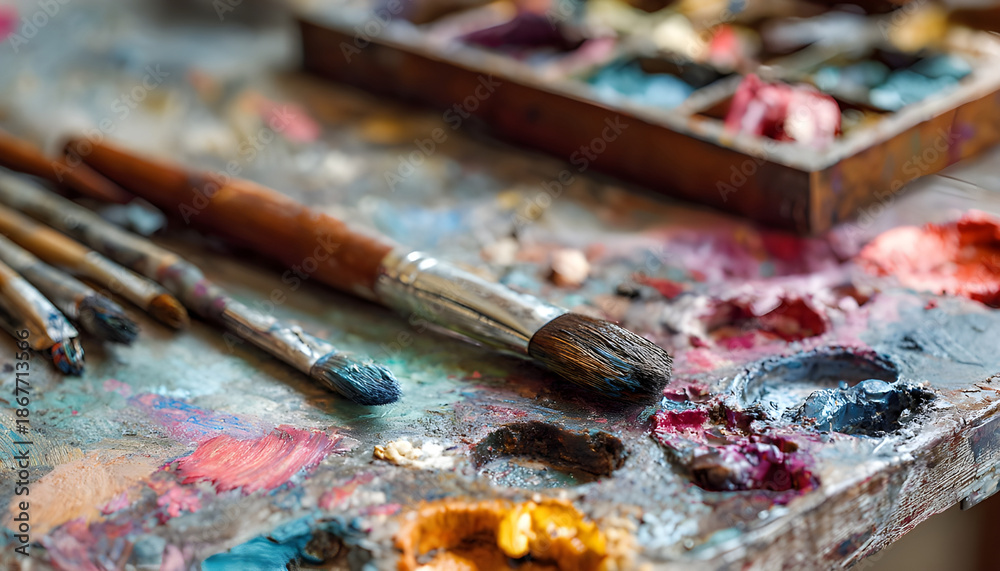 Fototapeta premium A close-up view of an art supplies palette on a table, ideal for use in s or designs related to creativity and artistic expression