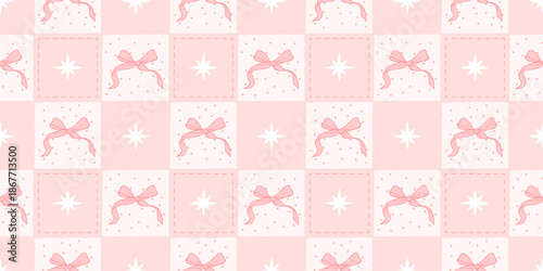 Coquette pink checker seamless pattern with bows and stars. Girly wrapping paper for birthday, Valentine and holidays. Hand drawn print for textile. Y2k aesthetic. Vector illustration wallpaper