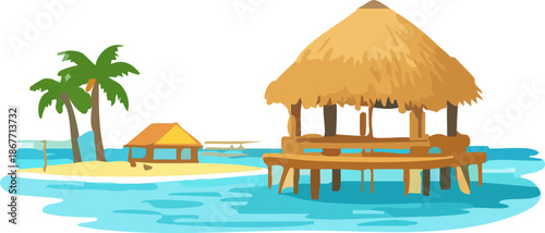 A calm flat vector illustration depicts a tropical island scene with palm trees, a small beach hut, and a thatched wooden bungalow standing over clear blue water.