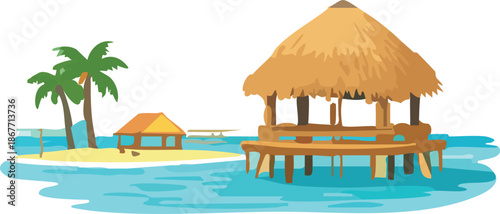 A calm flat vector illustration depicts a tropical island scene with palm trees, a small beach hut, and a thatched wooden bungalow standing over clear blue water.