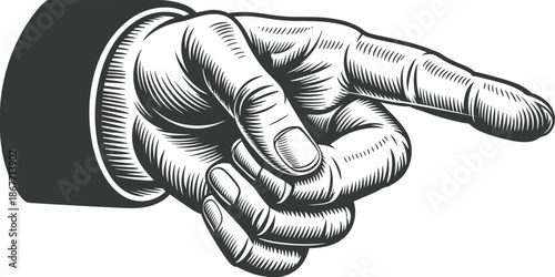 Pointing hand vintage engraving vector illustration showing detailed human finger gesture in retro black and white style for signage direction instruction posters and graphic design projects