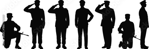 Silhouette illustration set of military personnel in saluting and kneeling poses with rifles for honor, service, and defense themes.