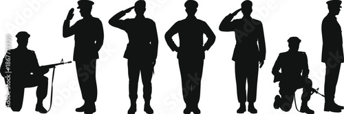 Military soldiers silhouette vector illustration set featuring standing kneeling and saluting army personnel with rifles in black style for defense history security and memorial design projects