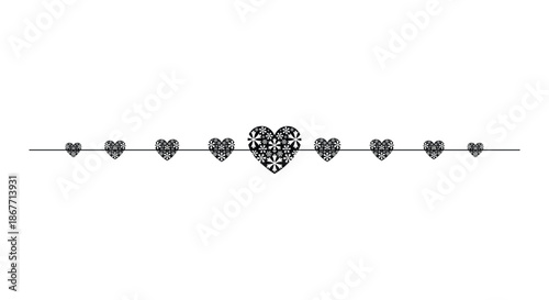 Elegant horizontal row of black heart silhouettes on a thin line. Minimalist vector divider or border design for Valentine's Day, wedding invitations, romantic greeting cards, and love concepts.