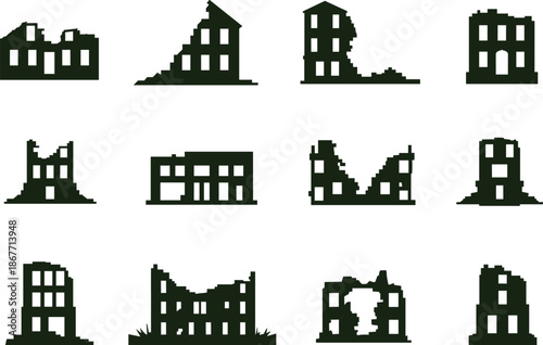 Silhouette illustration set of damaged urban buildings with collapsed roofs and broken walls for post-apocalyptic, war, and disaster design themes.