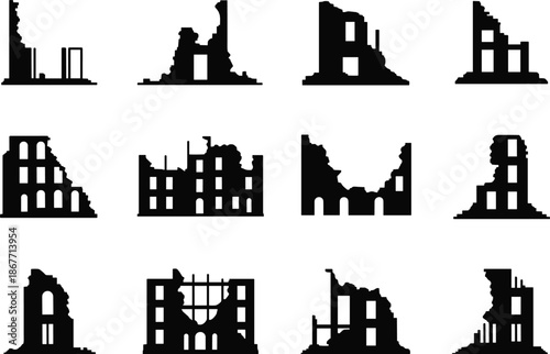 Silhouette illustration set of ruined urban buildings with collapsed walls and damaged structures for war, disaster, and post-apocalyptic design themes.