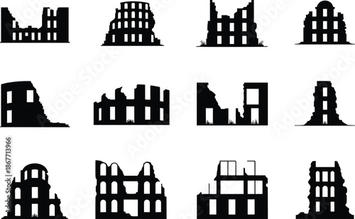 Ruined buildings and destroyed architecture silhouettes vector illustration set featuring abandoned structures and broken houses in black style for history war apocalypse and urban decay designs