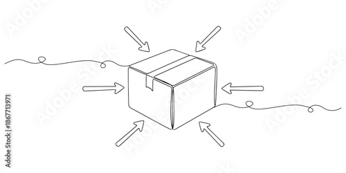 Continuous one line of a subscription box with arrows forming a circle, representing a recurring subscription service, hand drawn vector illustration.