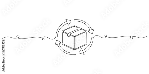 Continuous one line of a subscription box with arrows forming a circle, representing a recurring subscription service, hand drawn vector illustration.