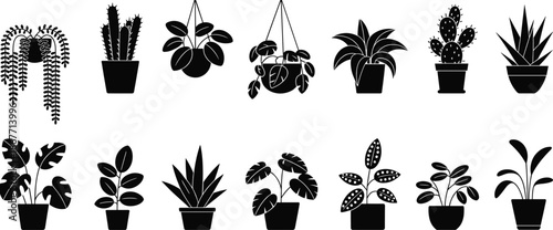 Indoor houseplants vector silhouette illustration set featuring potted and hanging plants cactus and tropical foliage in minimal black style for interior design branding and decor projects