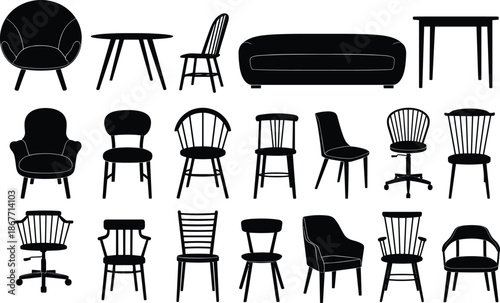 Furniture silhouettes vector illustration set featuring chairs tables sofa and seating furniture in black minimal style for interior design layout planning icons and home decor graphic projects