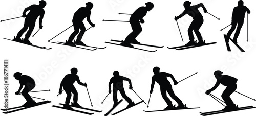 Silhouette illustration set of ten dynamic skiing poses with ski poles and gear for winter sports, instruction, and design reference.