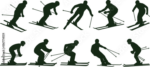 Downhill skiing action silhouettes vector illustration set featuring dynamic skier poses with poles in winter sport style for alpine sports design fitness branding and outdoor recreation graphics