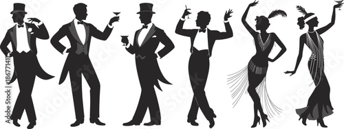 Silhouette illustration set of 1920s flapper women and tuxedoed men holding cocktails for Jazz Age fashion and party themes.