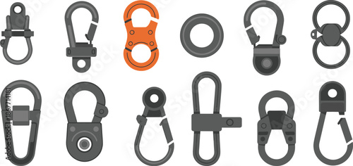 Carabiner and snap hook hardware vector illustration set featuring metal clips fasteners and connectors in flat modern style for climbing safety gear industrial design and outdoor equipment projects