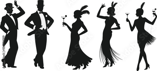 Roaring twenties party people silhouette vector illustration set featuring elegant men and women in vintage outfits dancing and holding cocktails in 1920s jazz age style