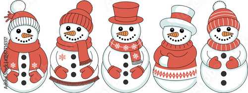 Cute snowmen characters vector illustration set wearing winter hats scarves and mittens in festive cartoon style for Christmas holidays greeting cards kids designs and seasonal decorations