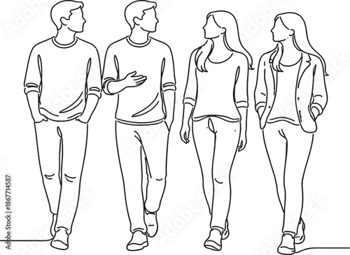 Line drawing of four young adults walking and talking together