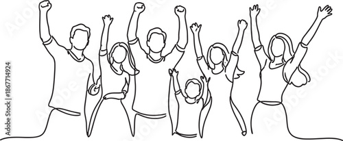 People celebrating with raised hands in one line drawing