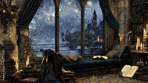 Cozy library with snow falling outside a gothic castle window.
