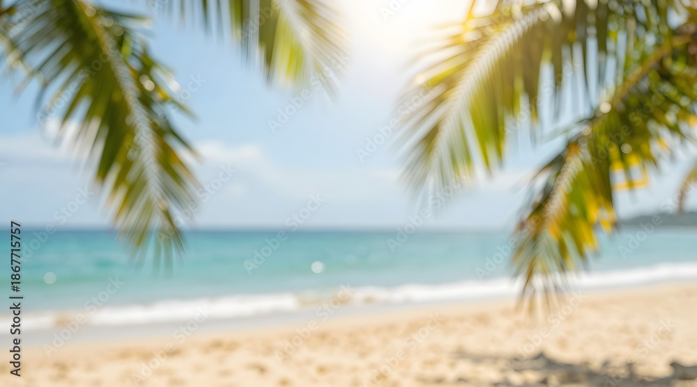 Fototapeta premium Blurred view of a tropical beach with palm trees and blue ocean on a sunny day