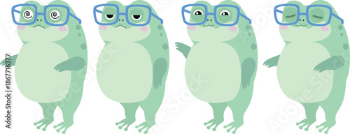 Cute Nerd Frog Character with Glasses Showing Different Emotions – Flat Vector Illustration Set
