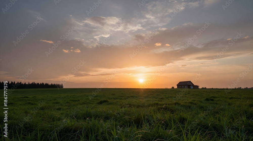 Fototapeta premium Rural landscape featuring a farmhouse on a field at sunset