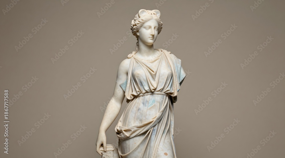 Naklejka premium Marble statue of diana the huntress stands against a solid background