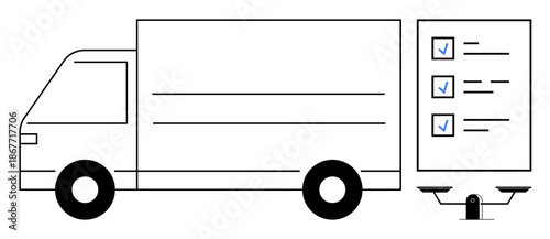 Logistics planning, delivery services, transportation efficiency, cargo management, shipping accuracy, freight handling. Truck with checklist and weights. Logistics planning and delivery services