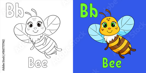 Animal Alphabet Letter B – Bee. Cute ABC Educational Illustration for Kids, Printable Vector 