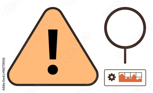 Risk management, threat detection, data analysis, system monitoring, alert notifications, cybersecurity. Warning triangle with exclamation. Risk management and threat detection concepts