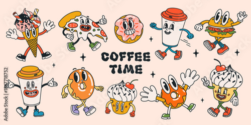 Retro food character set with groovy cartoon style coffee cups, donuts, pizza...