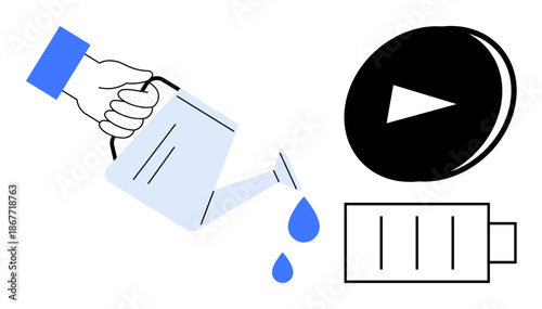 Environmental conservation, renewable energy, creative growth, productivity, innovation, sustainability. A hand pouring water, a battery icon and a play button. Conservation and renewable energy